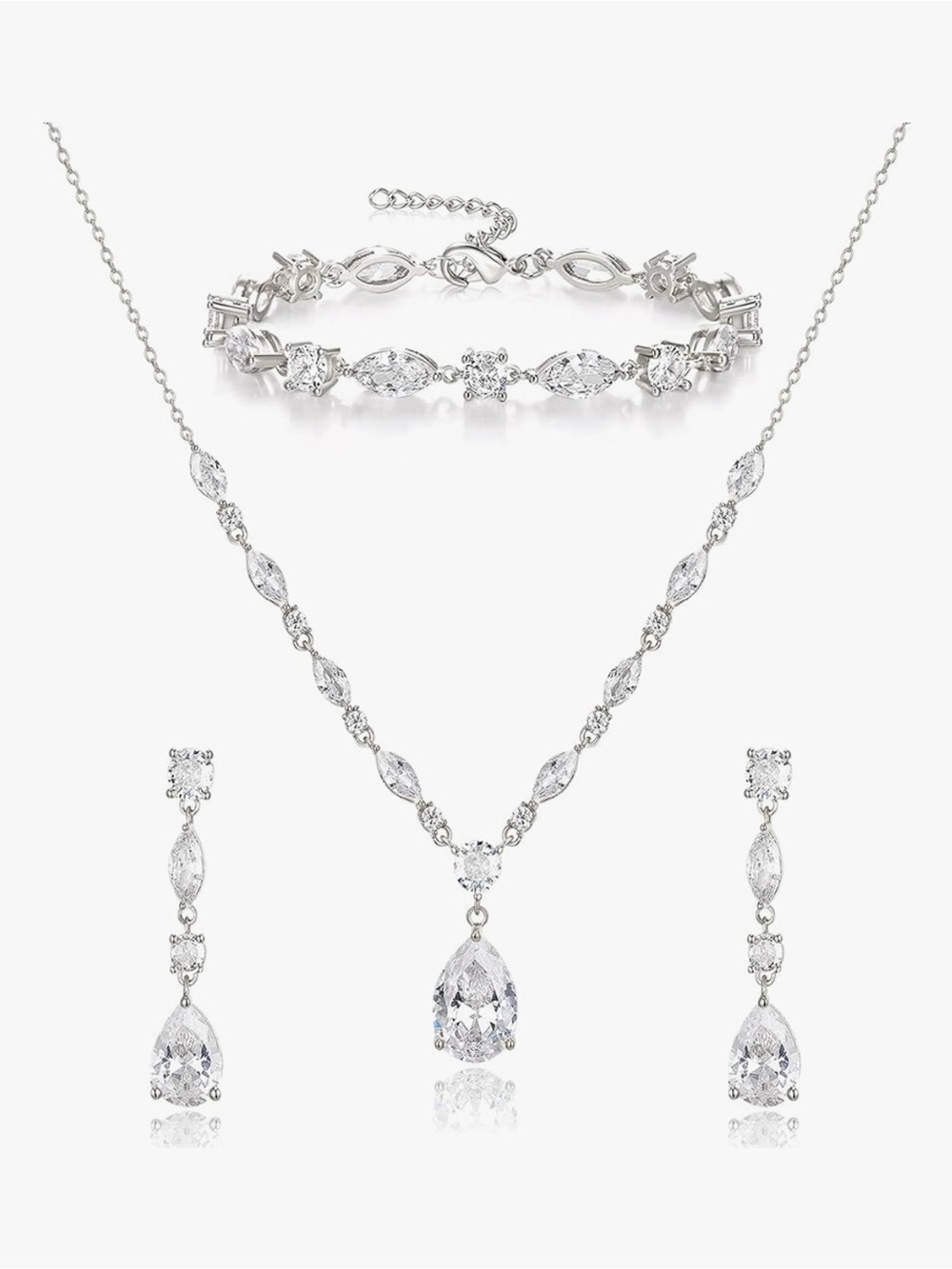 Classic Teardrop Cubic Zirconia Jewelry Set in Silver Tone.Wedding Jewelry, Prom